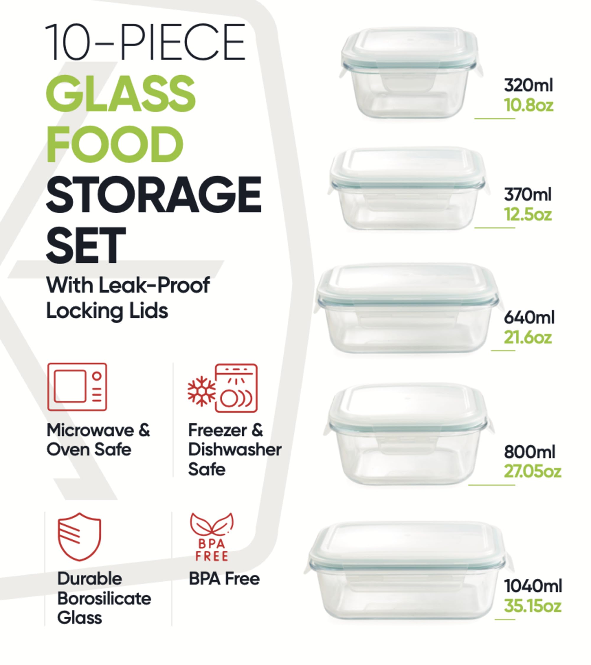 20-Piece Glass Food Storage Containers with Airtight Locking Lids (10 Containers + 10 Lids)