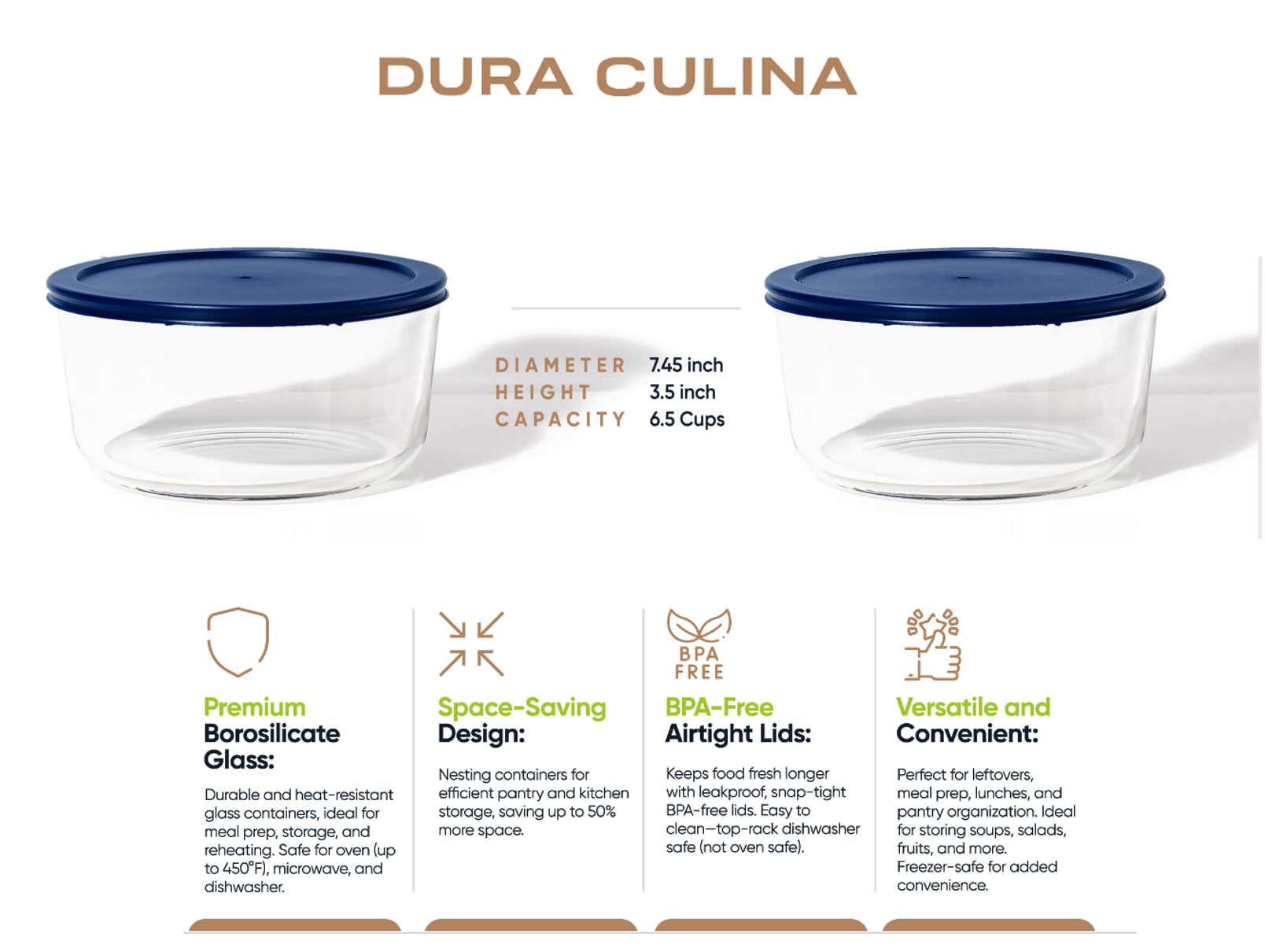 8 Piece (6.55 Cup / 52oz) Round Glass Food Storage Container Set (4 Containers + 4 Lids) with Bonus Lids