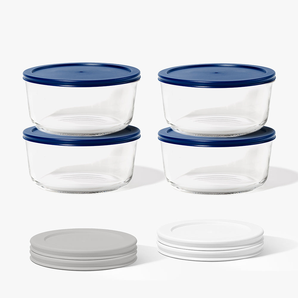 8 Piece (6.55 Cup / 52oz) Round Glass Food Storage Container Set (4 Containers + 4 Lids) with Bonus Lids