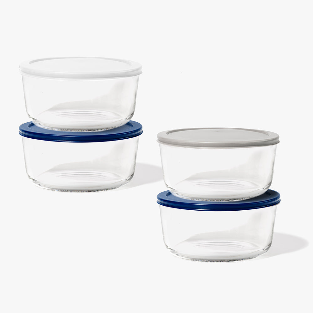 8 Piece (6.55 Cup / 52oz) Round Glass Food Storage Container Set (4 Containers + 4 Lids) with Bonus Lids