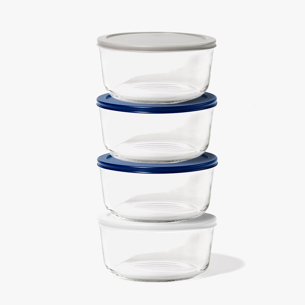 8 Piece (6.55 Cup / 52oz) Round Glass Food Storage Container Set (4 Containers + 4 Lids) with Bonus Lids
