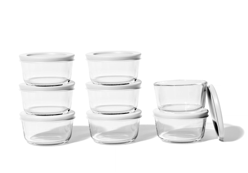 Glass Food Storage Containers - 16 Piece 7oz Set (8 Containers + 8 Lids), White