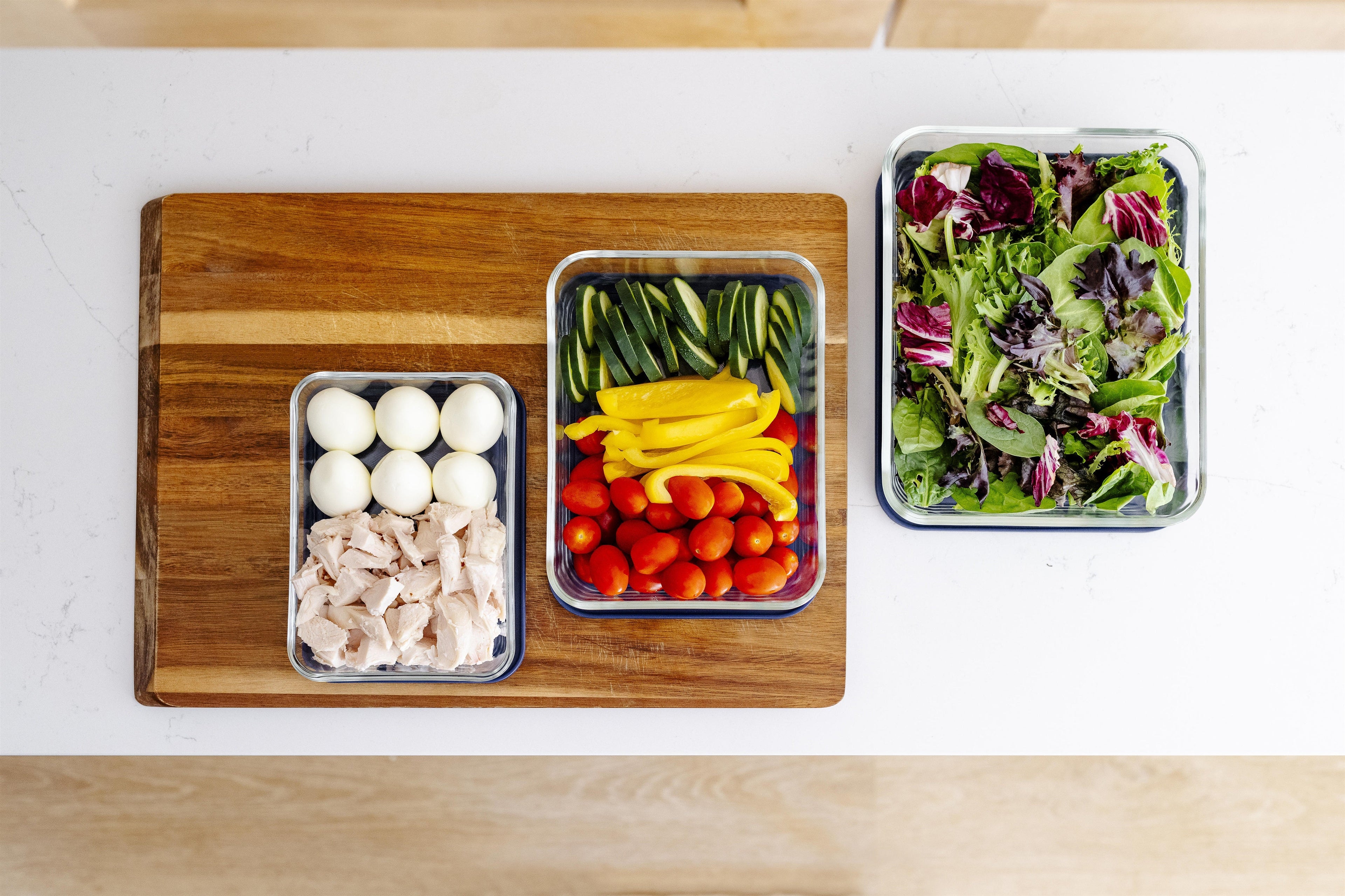 Glass Food Storage Containers - 6 Piece (3 Containers + 3 Lids) Rectangular Nesting Space-Saving Set