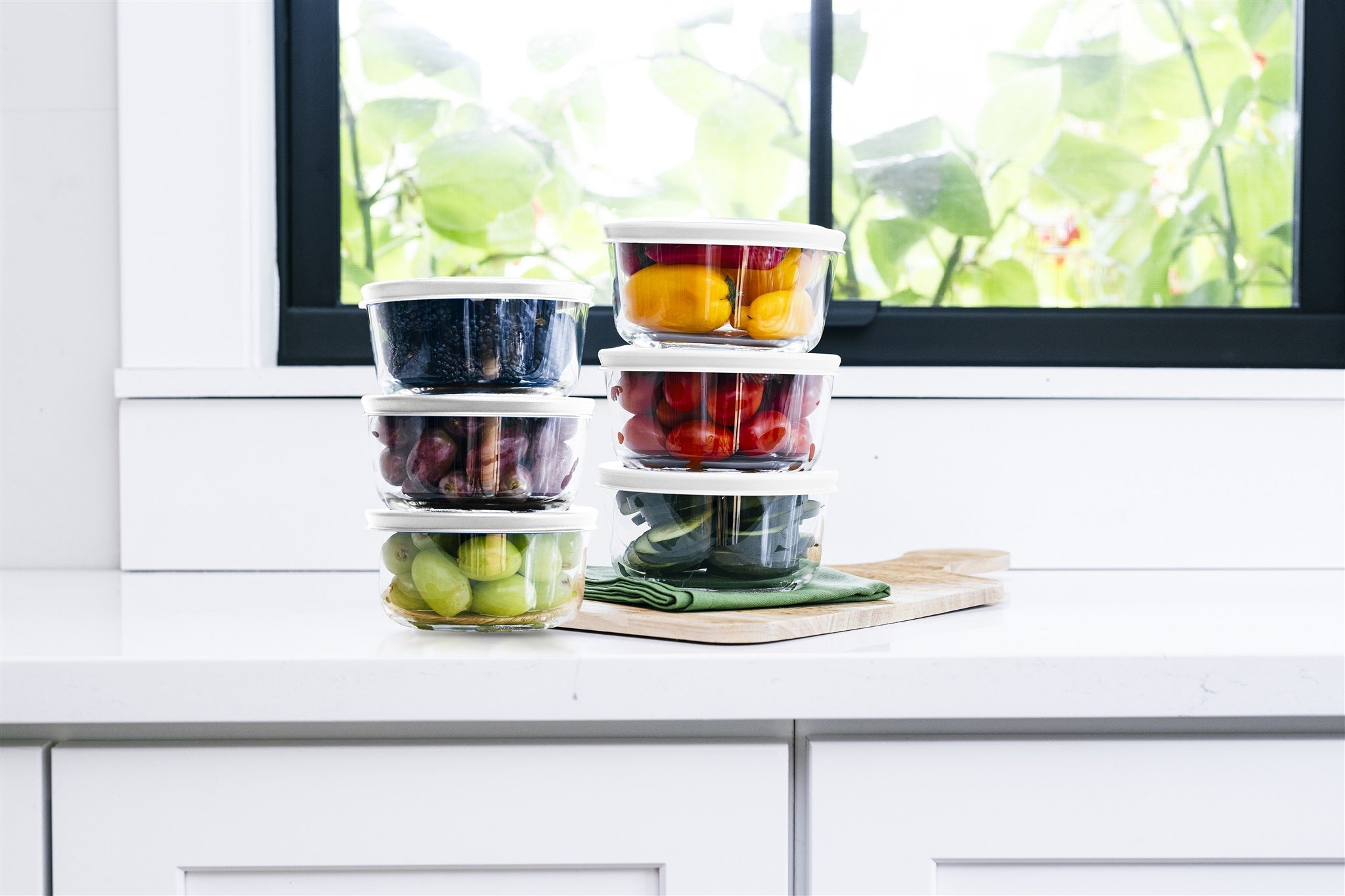 Glass Food Storage Containers - 12 Piece 2 Cup Set (6 Containers + 6 Lids), White